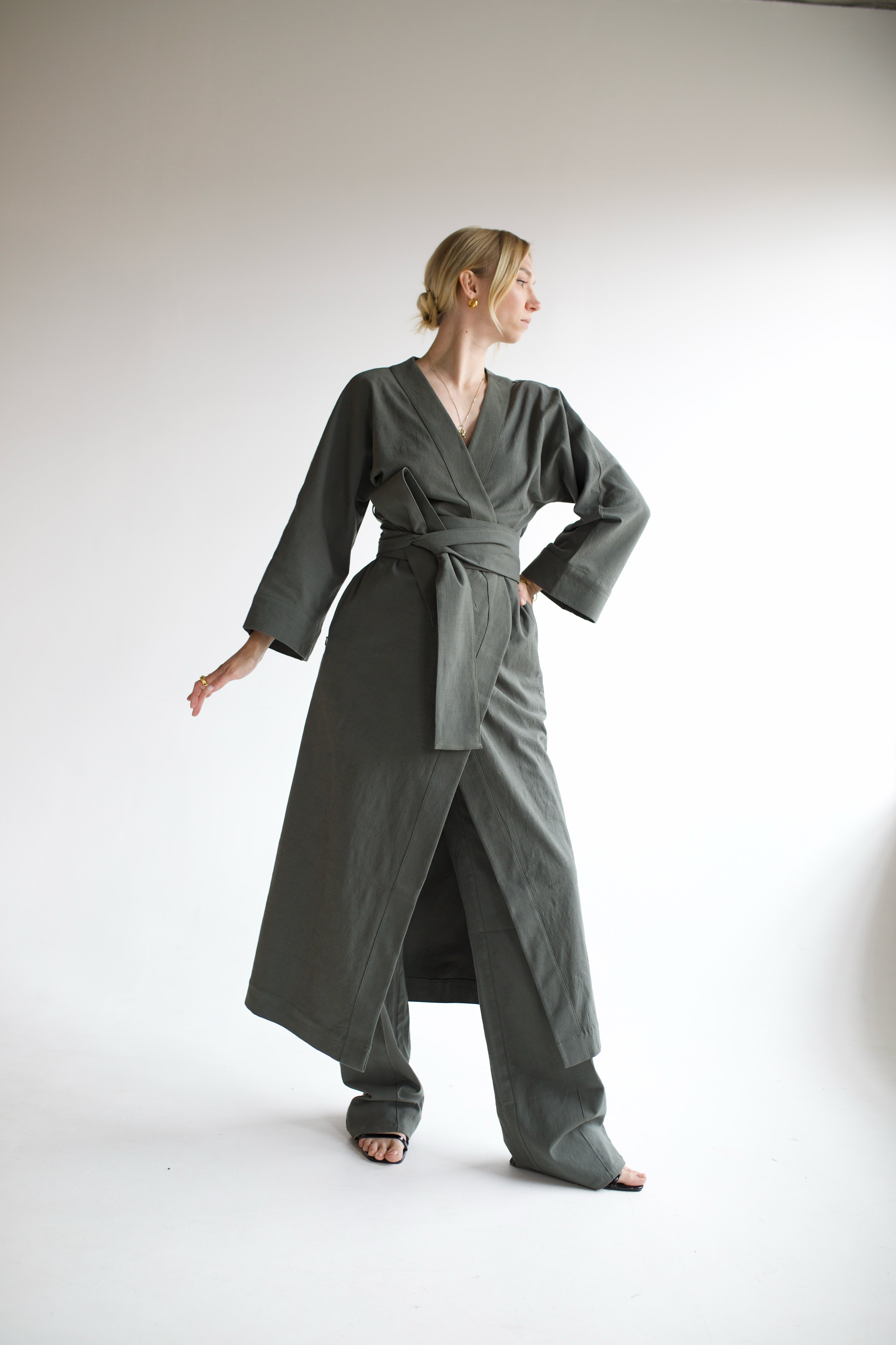 Green Linen Robe Coord