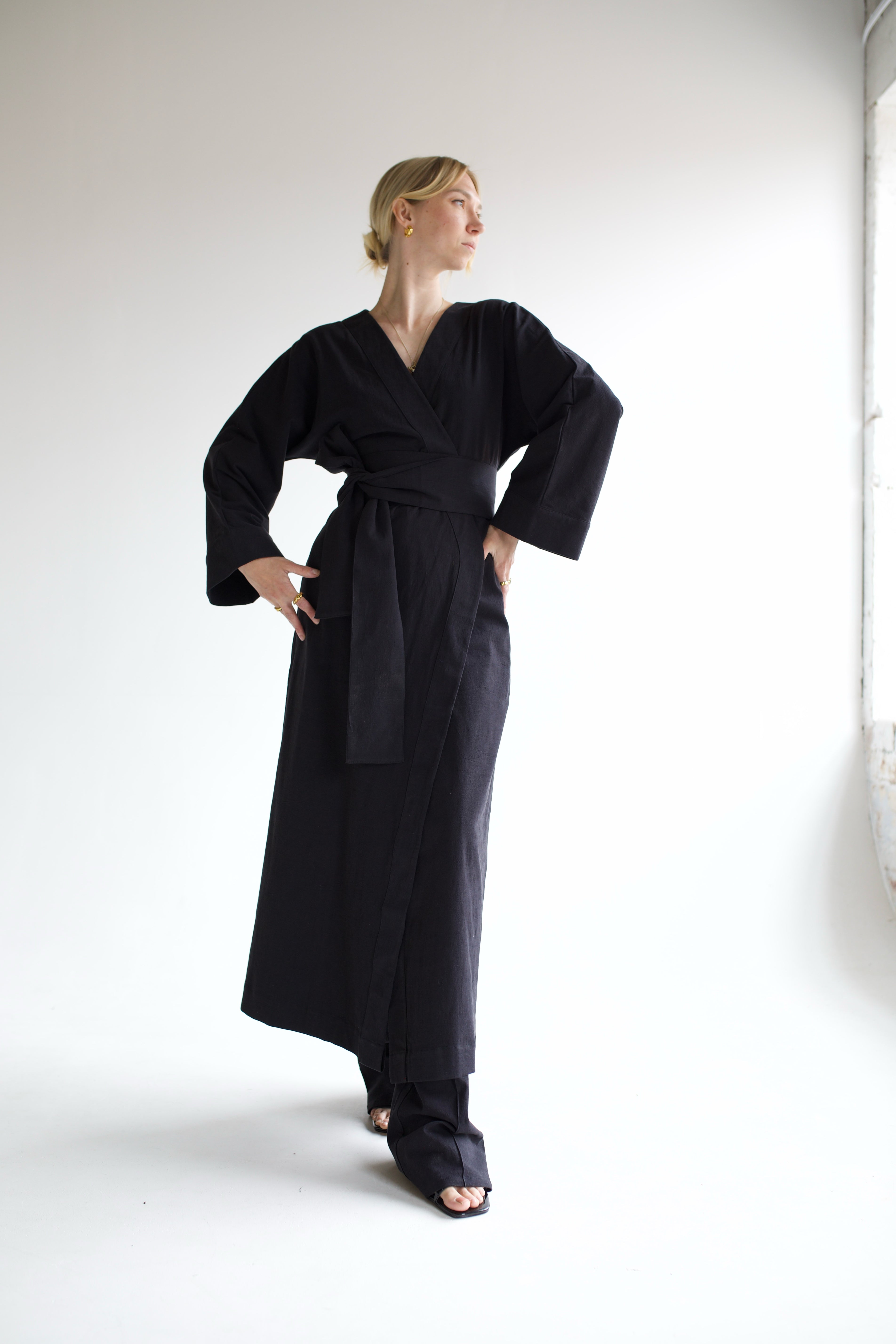 Black Linen Robe Coord