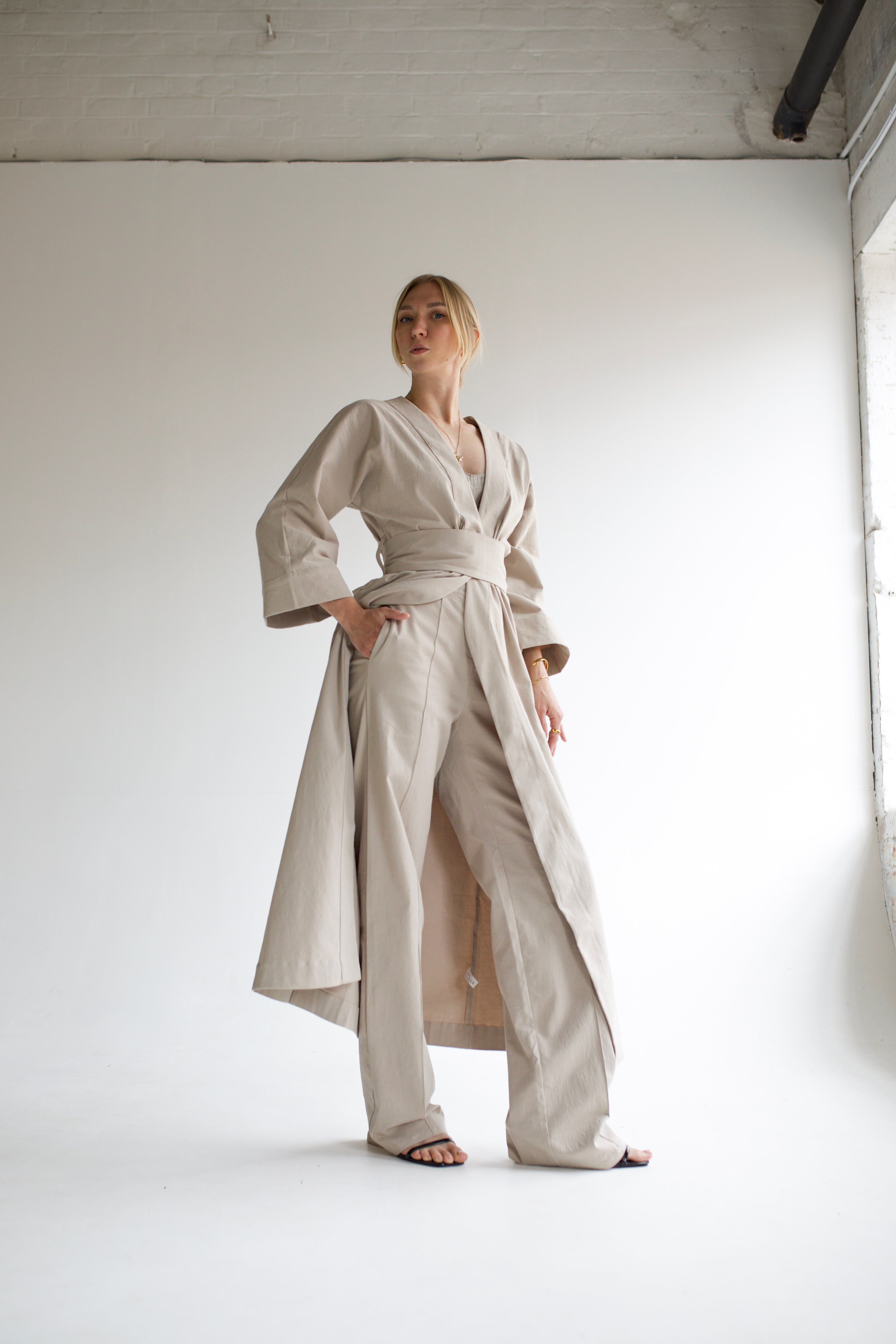 Beige Linen Robe Coord