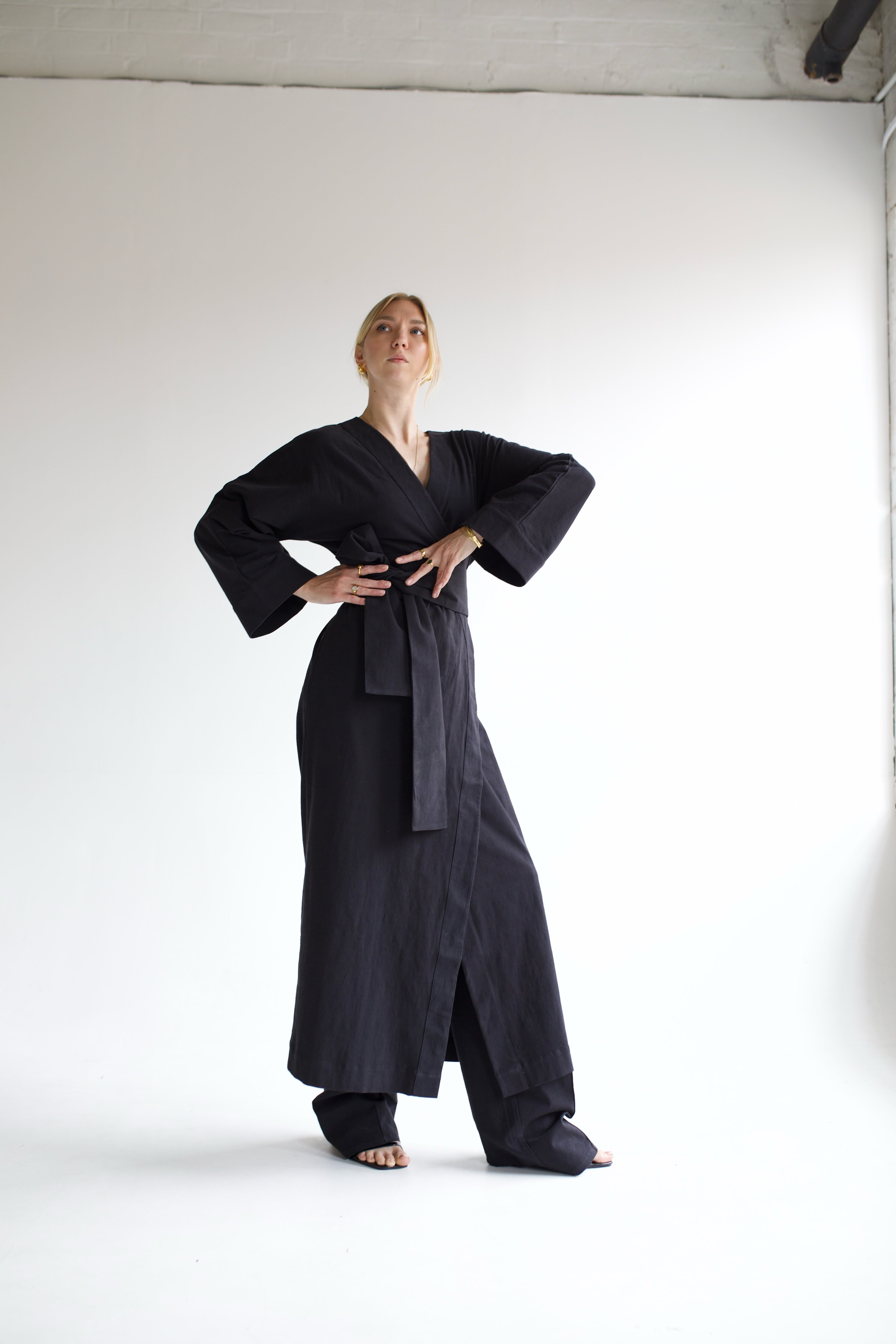 Black Linen Robe Coord